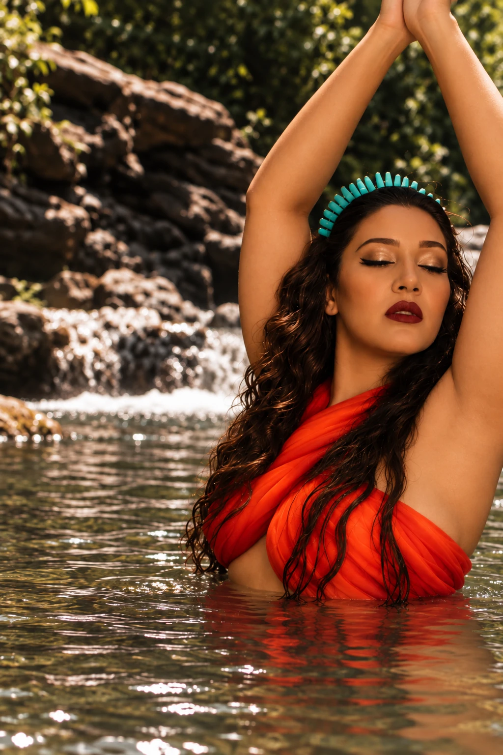 Woman wearing a red-orange garment with raised arms beside flowing water